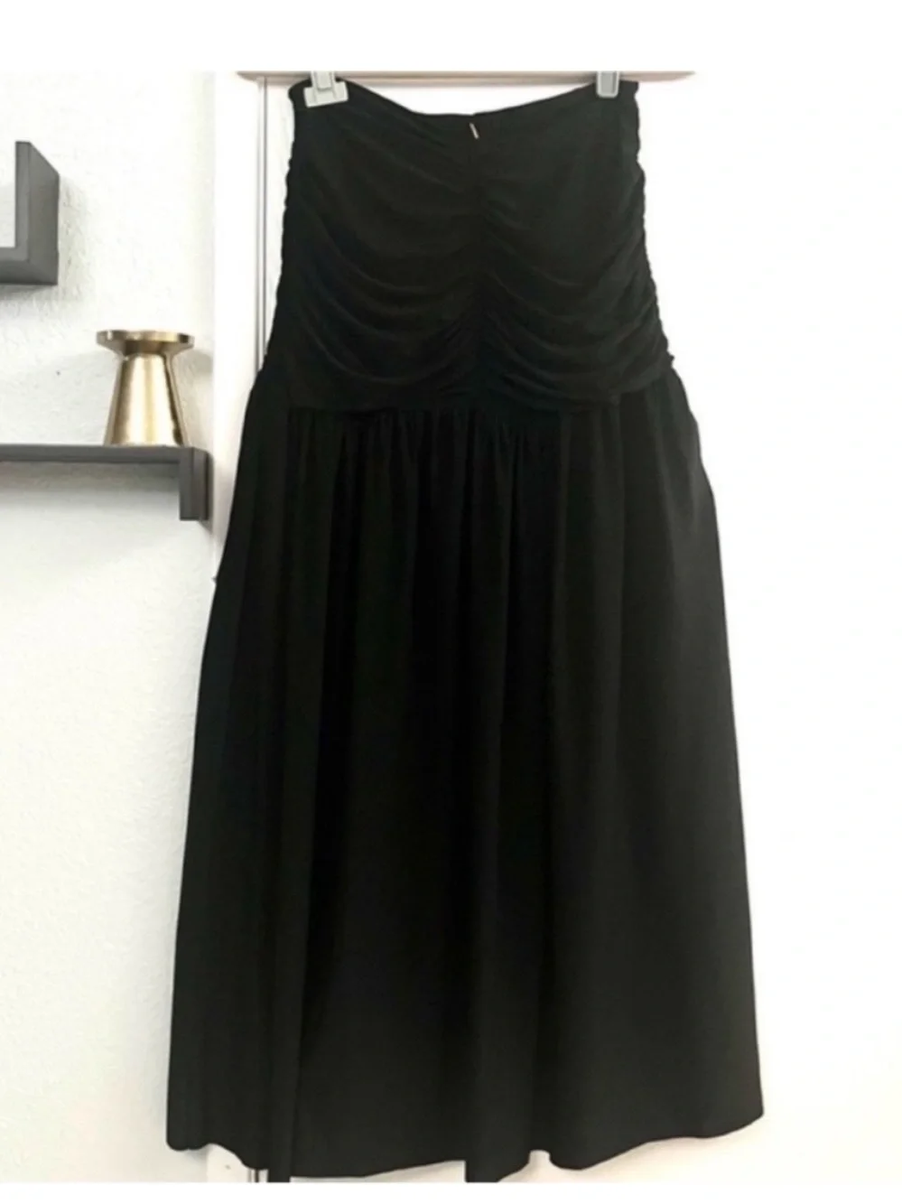 Misa Los Angeles Dalida Black Strapless Ruched Midi Skirt Size Large